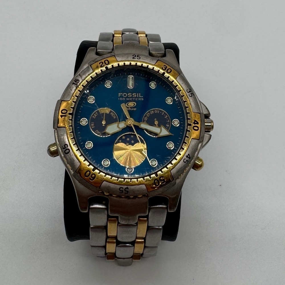 Fossil Blue BQ-9025 Mens Two Tone Watch Blue Dial Sun Moon Phase 100M needs bat